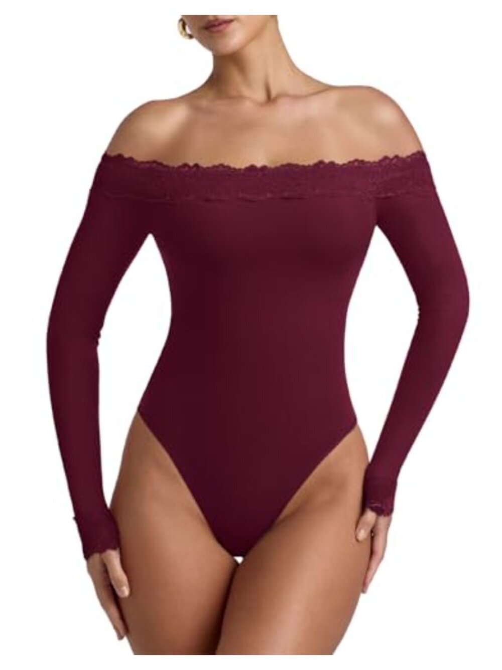 Off Shoulder Lace Long Sleeve Bodysuit Thong Snap Closure